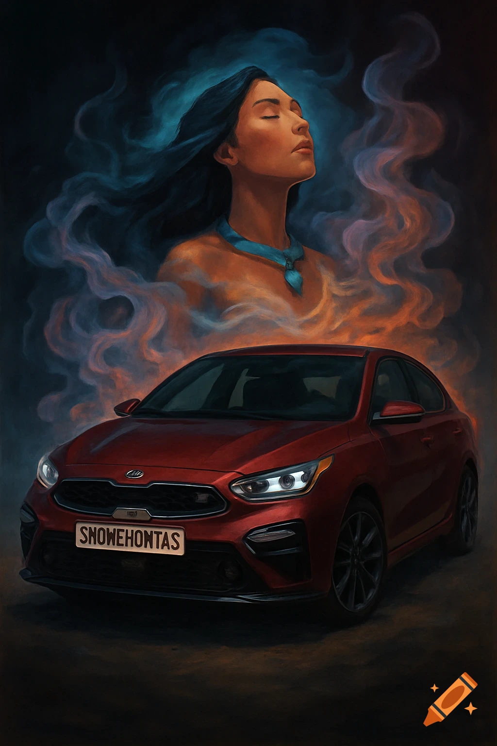 An artistic painting of a red Kia Forte GT car with a mystical, smoke-like figure of Pocahontas in the background.