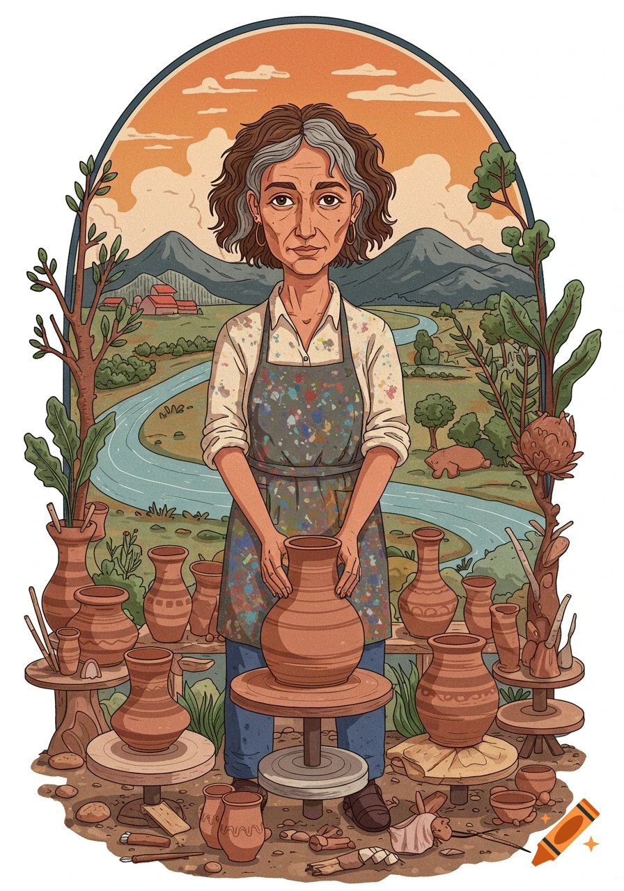 An illustrated portrait of a female pottery teacher holding a pot, surrounded by pottery wheels, clay creations, a river, trees, and mountains.