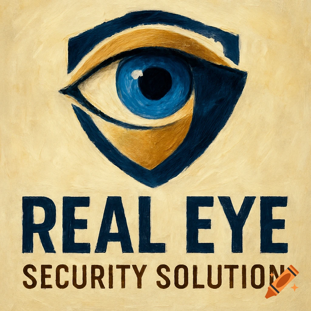 A stylized logo featuring a blue and gold eye within a dark blue shield, with the text "REAL EYE SECURITY SOLUTION" below it.
