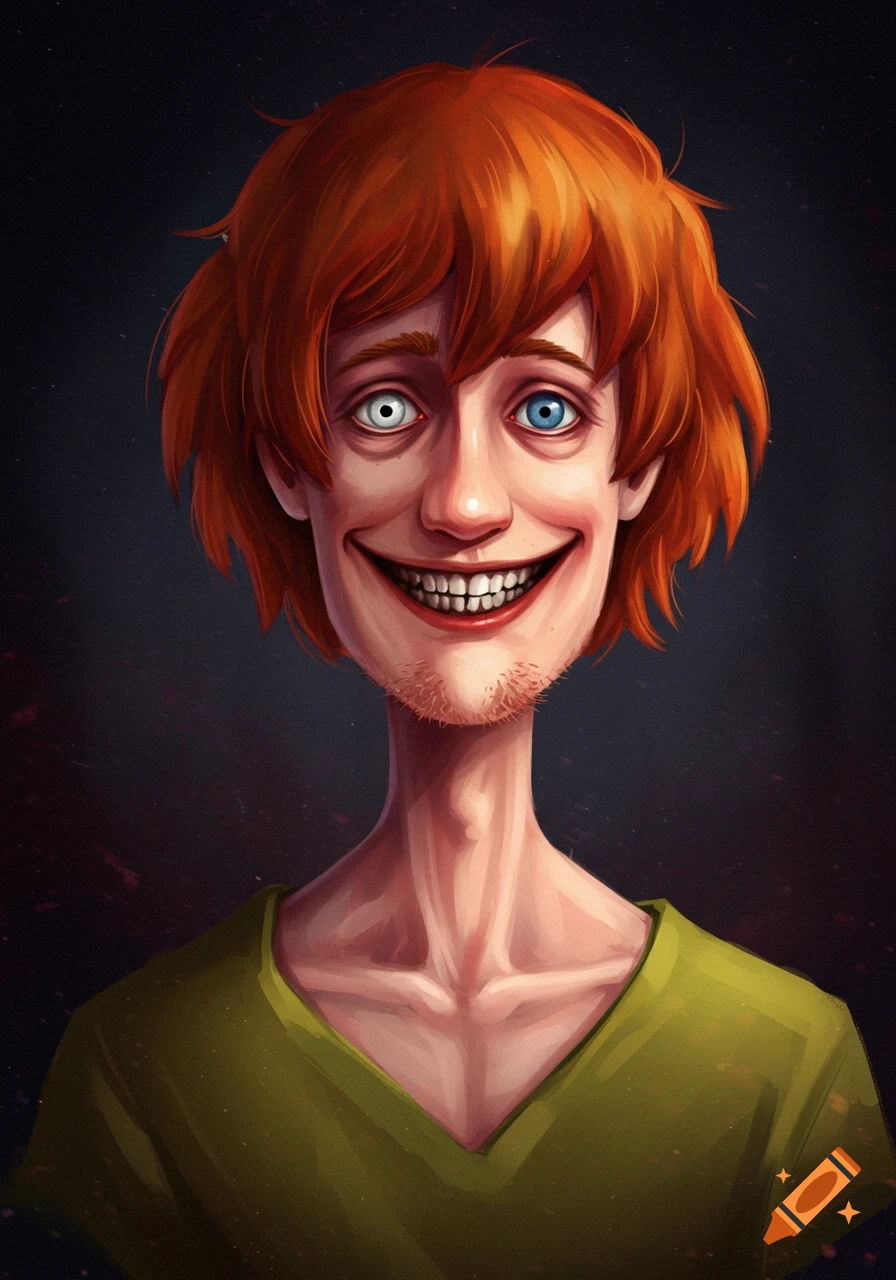 Stylized portrait of a creepy Shaggy from Scooby-Doo with red hair, heterochromia eyes, and a wide, unsettling grin.