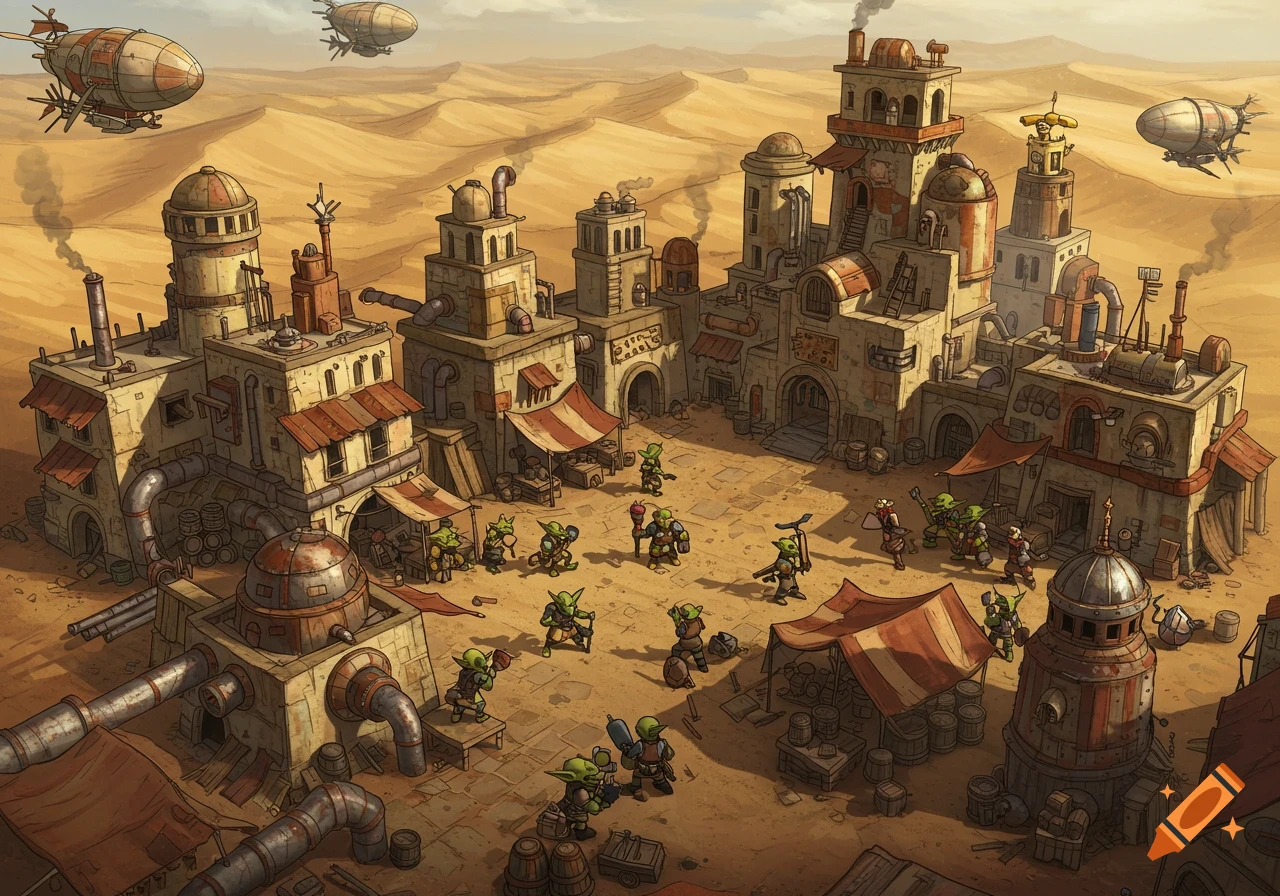 An isometric view of a bustling goblin steampunk desert town, with large industrial buildings, market stalls, and numerous goblins, under a sky with airships.