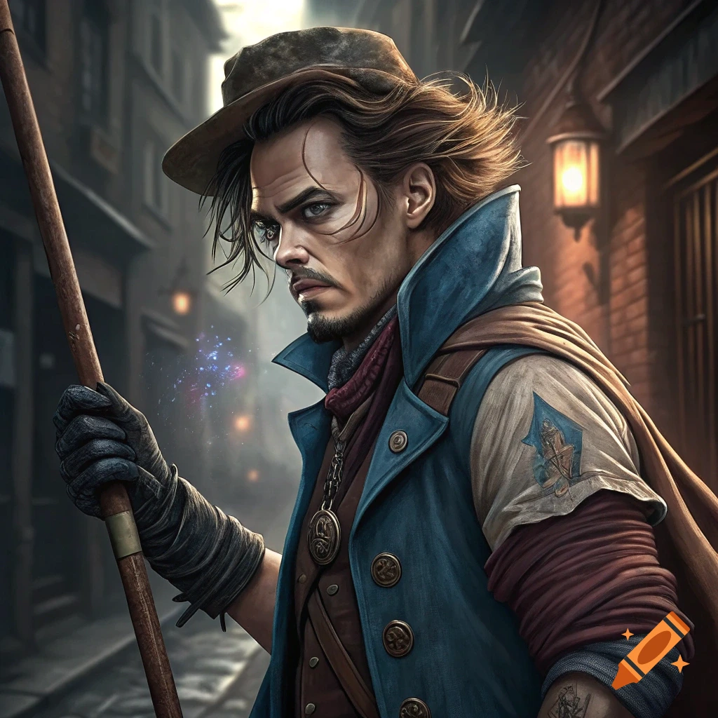 A man resembling Johnny Depp as Gambit in a blue coat and hat holds a staff, looking intently in a realistic digital art style.