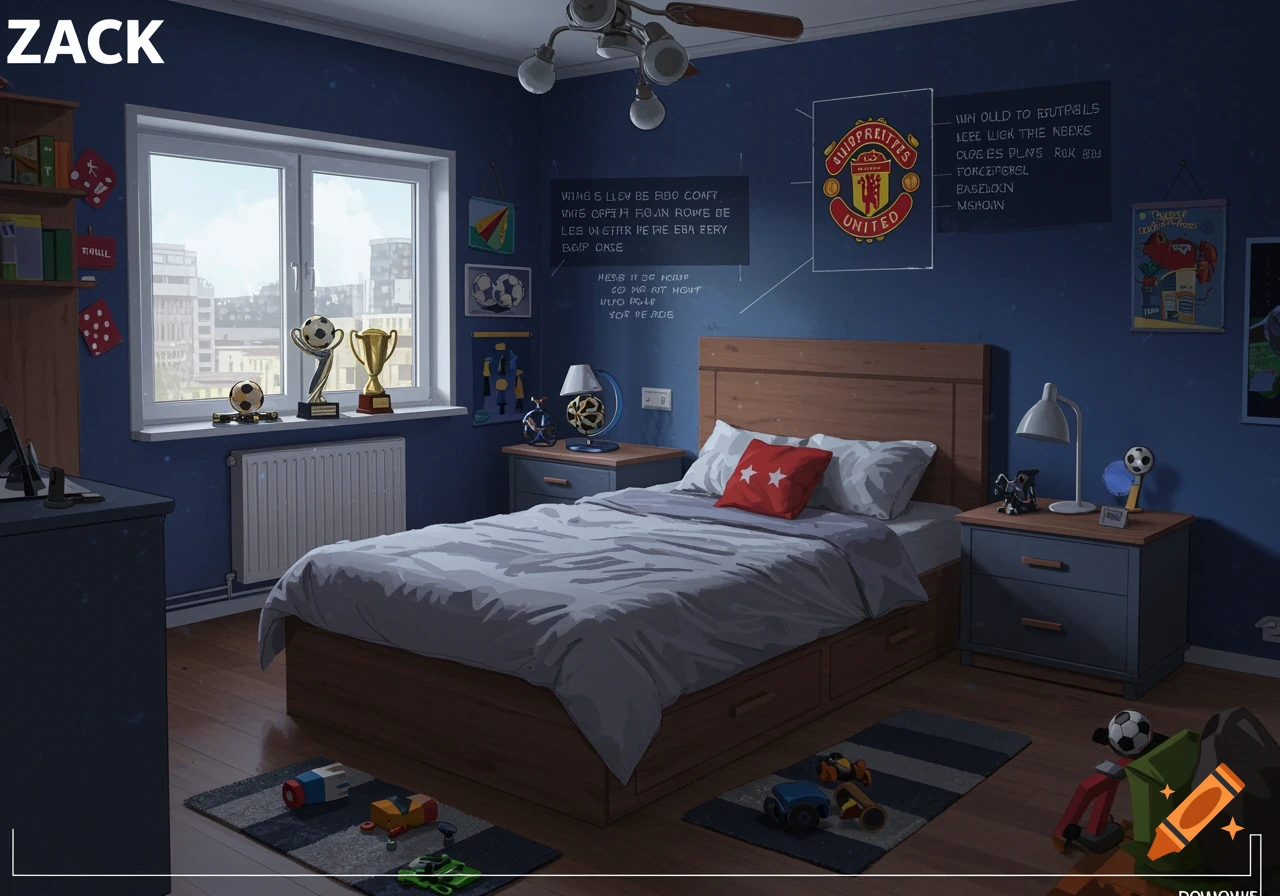 A detailed illustration of an 11-year-old boy's dream bedroom, featuring a bed, trophies, football decorations, and toys.