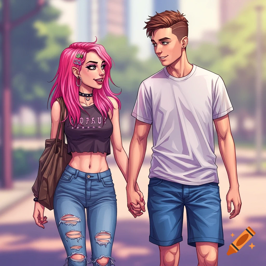 A cartoon couple with bright pink hair and a shaved side part walk hand-in-hand down a city street.