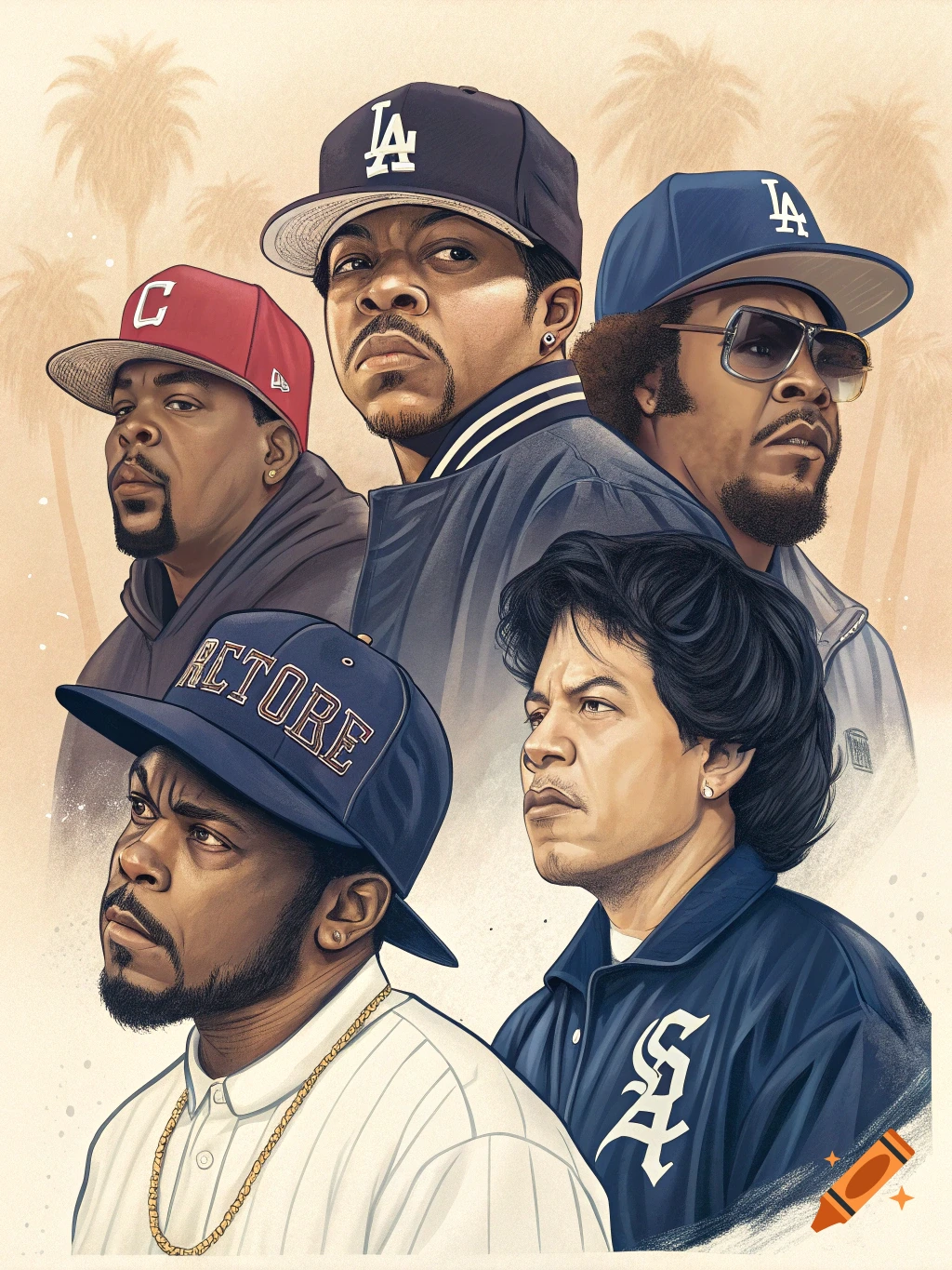 An illustration of five members of a hip-hop group, including Ice Cube and Eazy-E, wearing hats with "LA" and "C" and a jacket with a stylized "SA", against a background of palm trees. Stylized digital art.