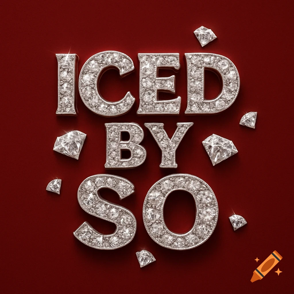 3D diamond letters spelling 'ICED BY SO' on a deep red background with scattered diamonds.