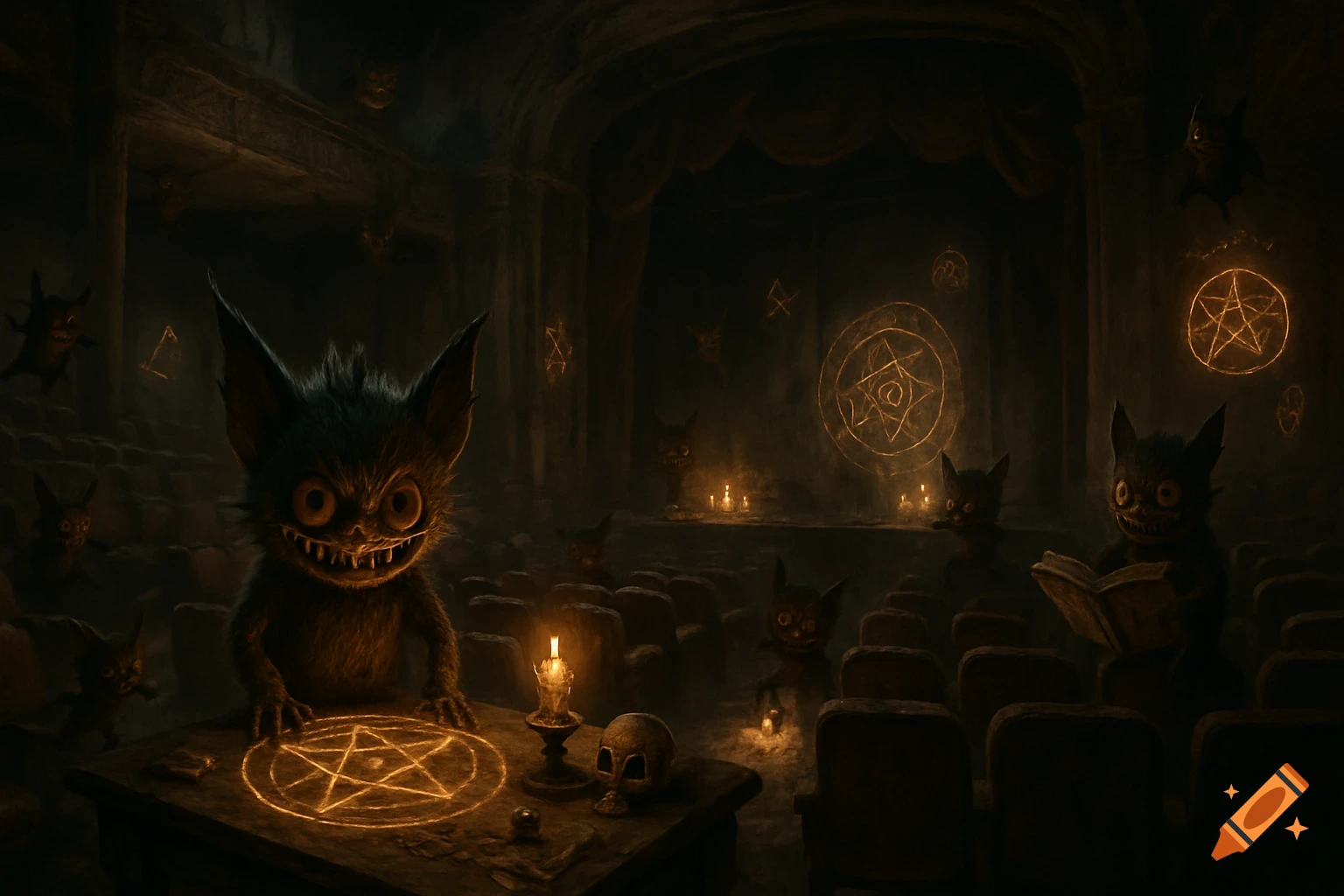 Mischievous, furry, goblin-like creatures in a dimly lit, decaying theater with glowing occult symbols and candles.