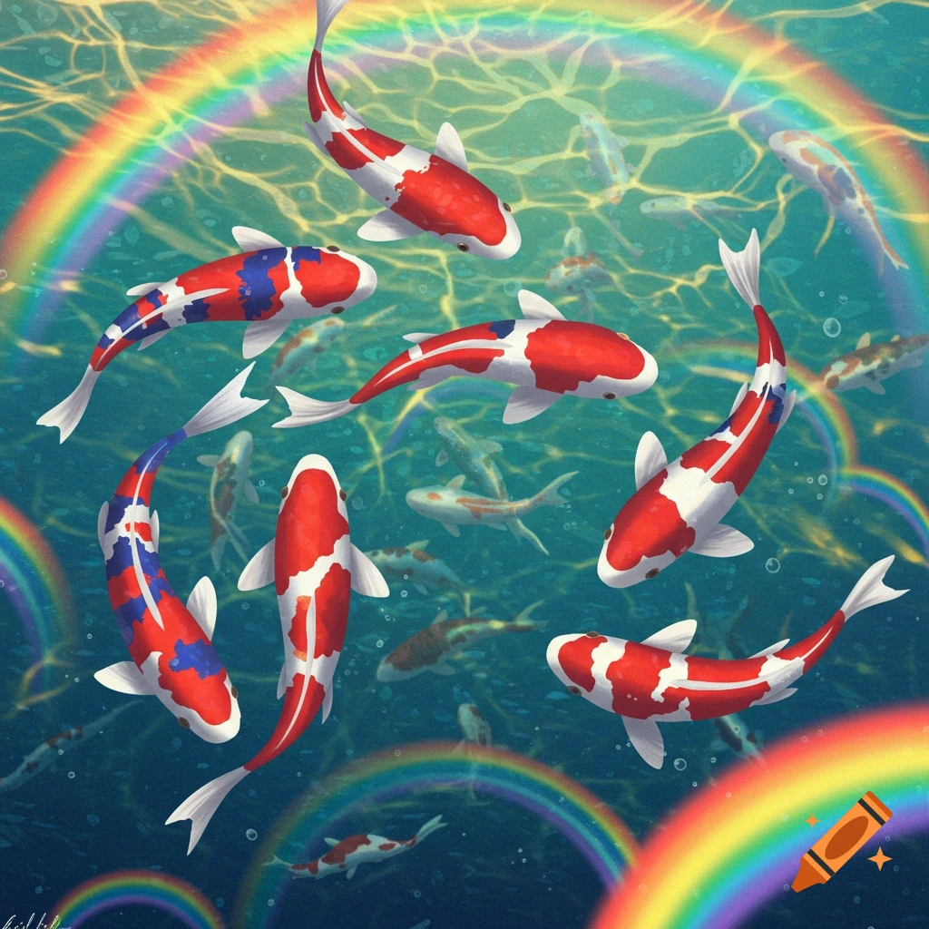 Vibrant illustration of red, white, and blue koi fish swimming in sunlit water with colorful rainbows reflected on the surface.