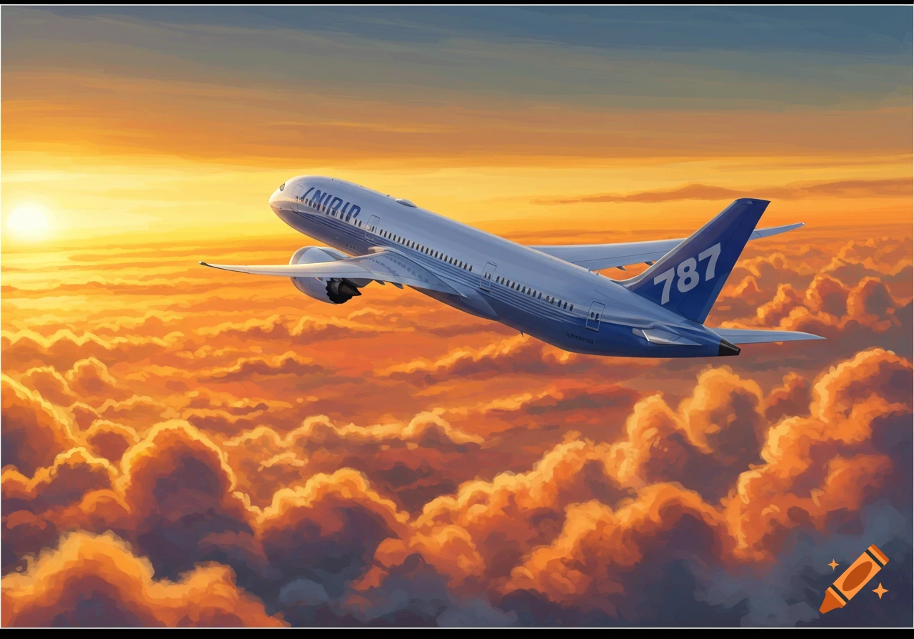 An airplane flies through golden clouds at sunset, with the sun low on the horizon.