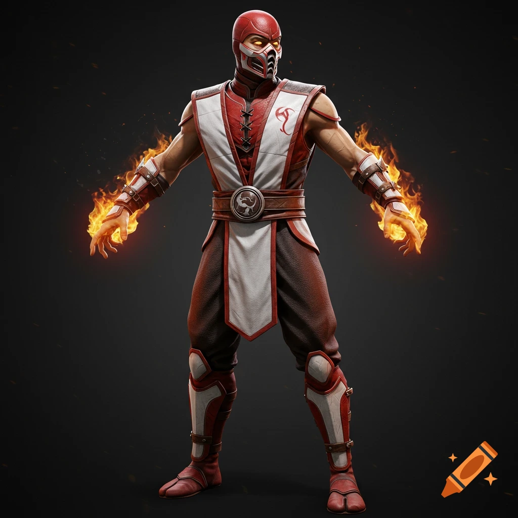 A 3D render of a Mortal Kombat-style character in red and white armor, with flames emanating from their hands.