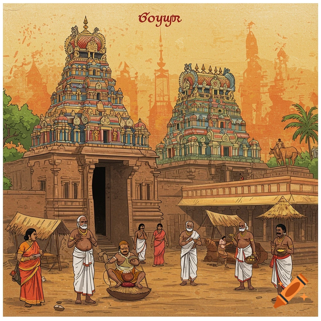 An intricate illustration of an Indian temple complex with vibrant towers and various people in traditional attire gathered in the courtyard, with a name "Goyur" at the top.