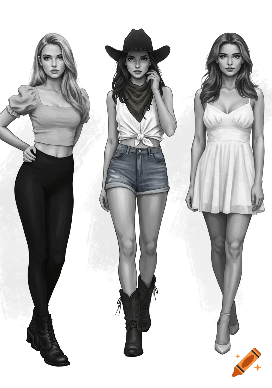 Grayscale illustration of three women: one in a crop top and leggings, one in a cowboy hat, jean shorts, and boots, and one in a white dress.