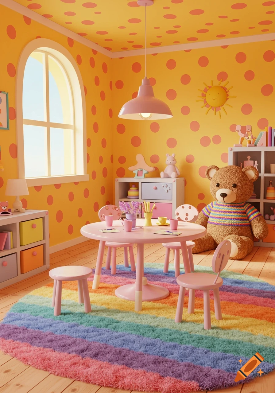 A vibrant, cartoonish children's playroom with yellow polka-dot walls, a pink table and chairs, a rainbow rug, and a large teddy bear.