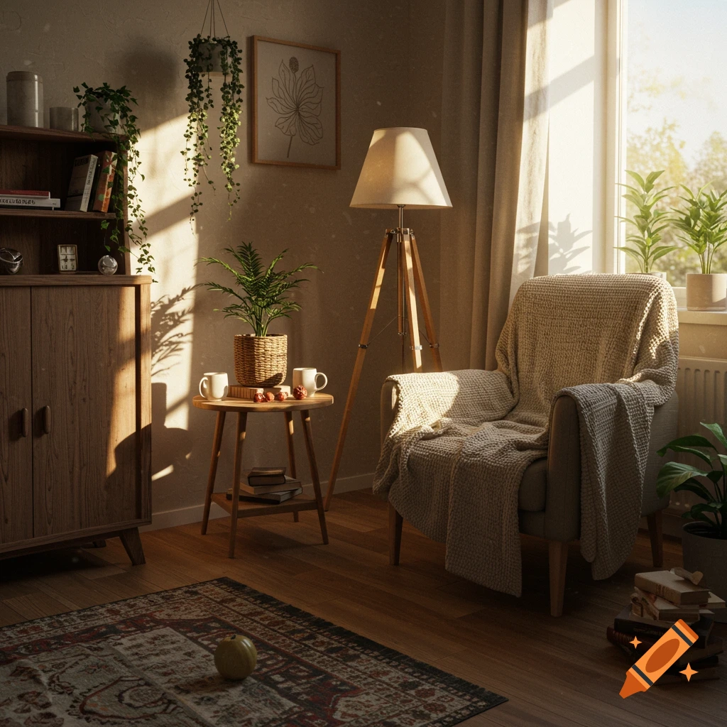 A cozy living room bathed in morning sunlight, featuring a wooden bookshelf, an armchair with a blanket, a floor lamp, and various potted plants.