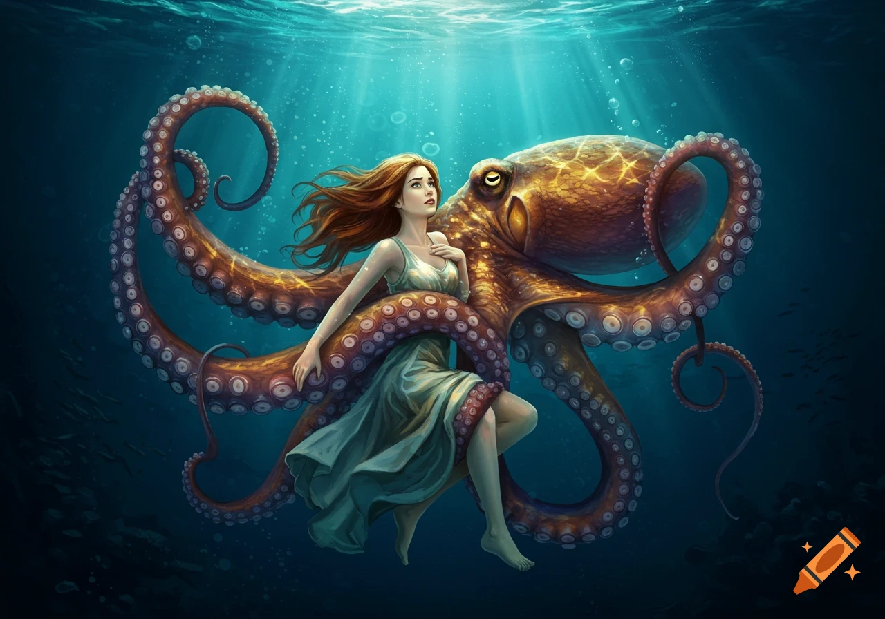 A red-haired woman in a flowing dress floats underwater, entangled by the tentacles of a large, golden-brown octopus.