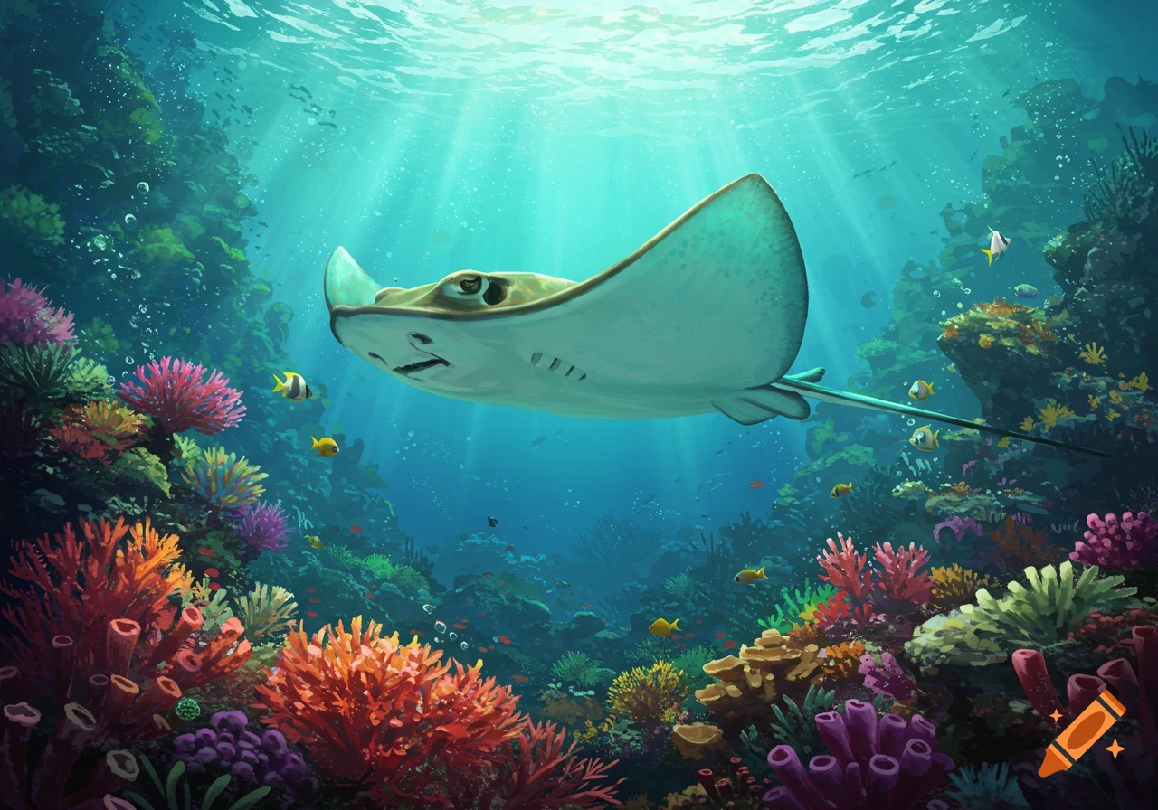 A stingray swims through a vibrant coral reef, with sun rays piercing through the blue water from above.