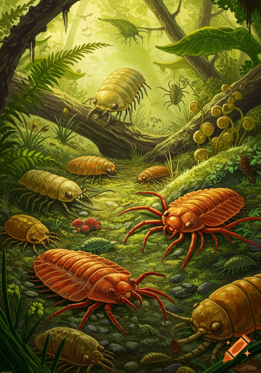 Prehistoric arthropod-like creatures in a lush, green jungle environment with ferns and trees.
