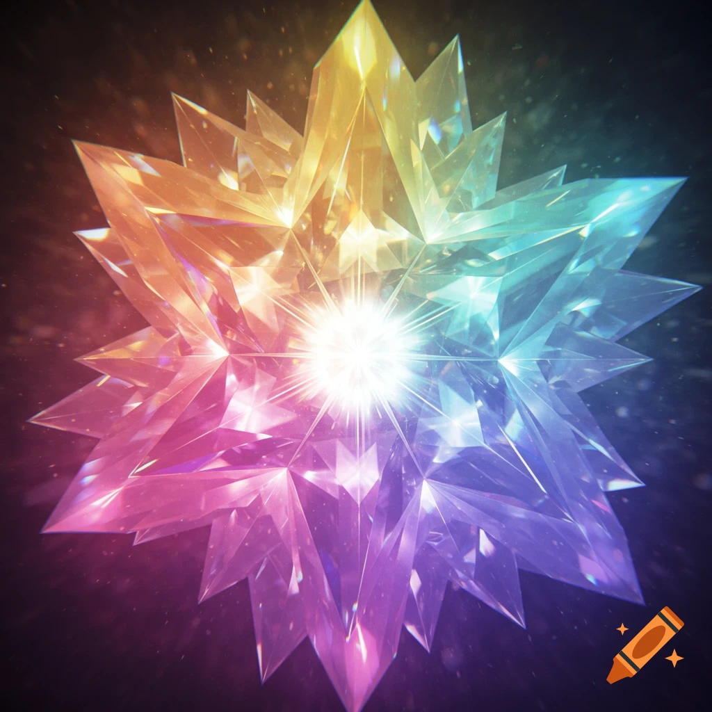 A vibrant, star-shaped crystal radiating light in a rainbow of colors, set against a dark, sparkling background.