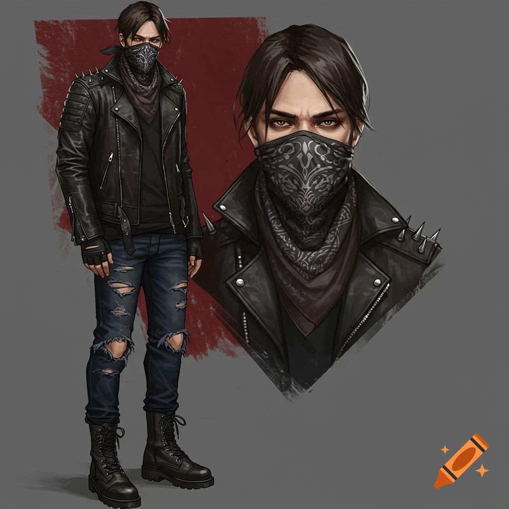 Digital art of a male character in a black leather jacket with spikes, ripped jeans, and a patterned bandana over his face.