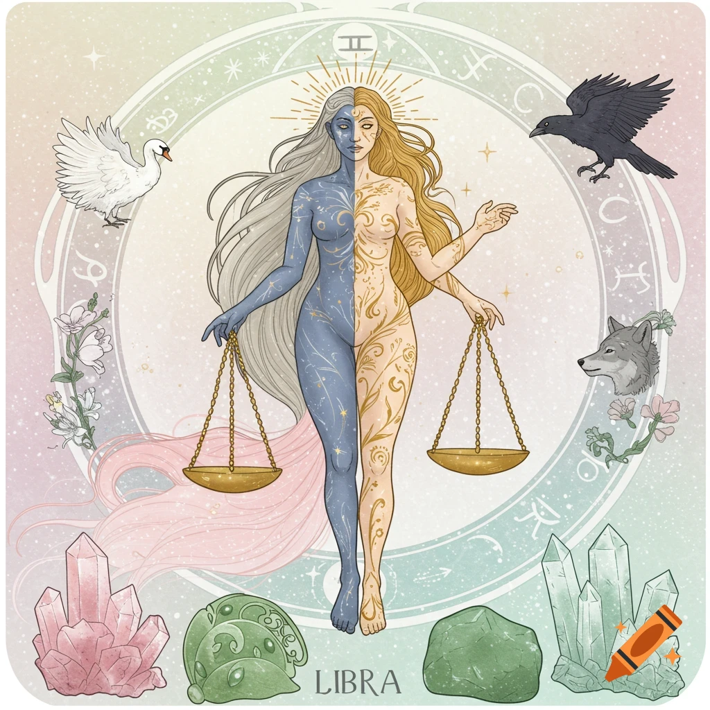Art Nouveau illustration of a split-toned figure holding scales, surrounded by zodiac symbols, animals, and crystals, with 'LIBRA' text.