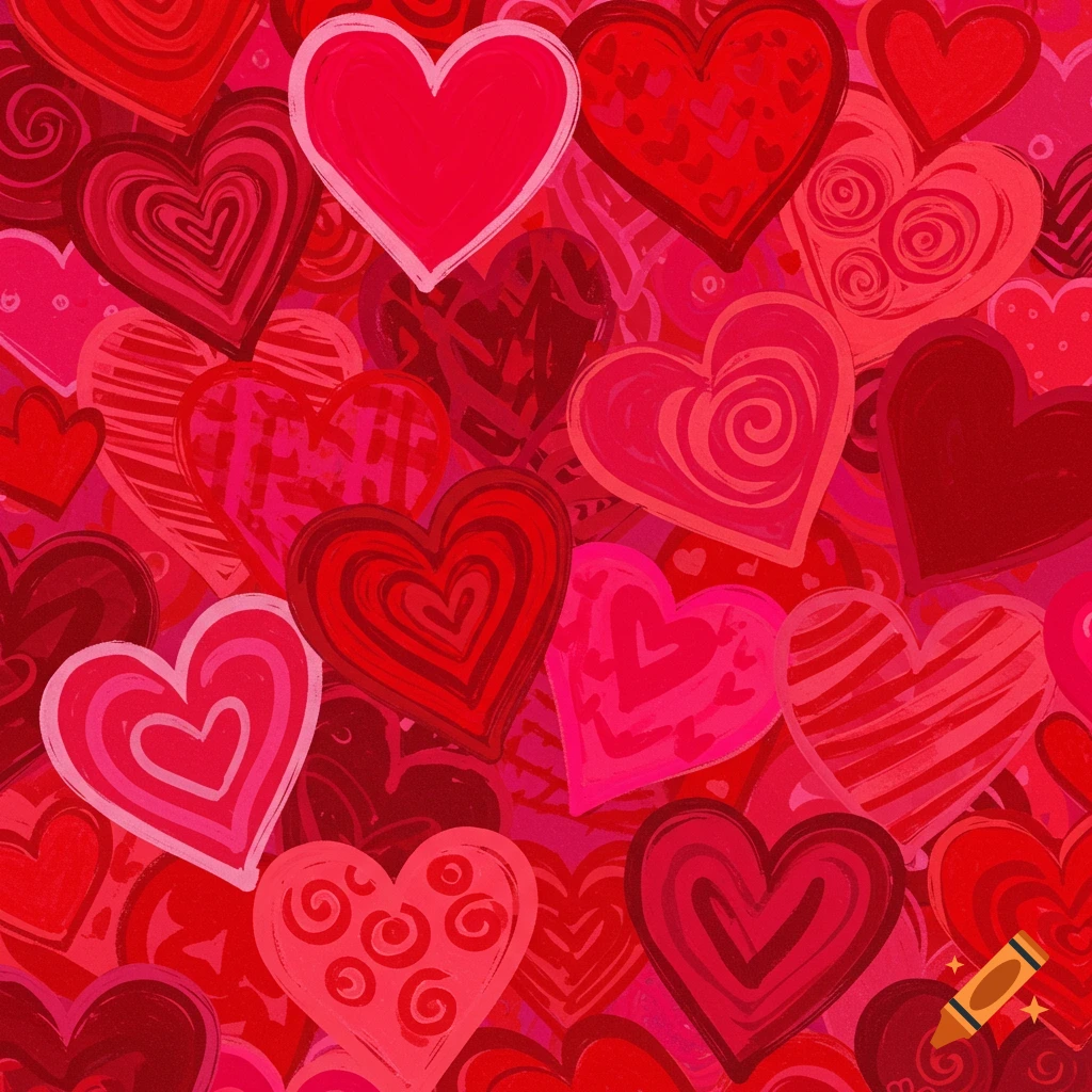 A seamless pattern of hand-drawn red and pink hearts in various sizes and styles.