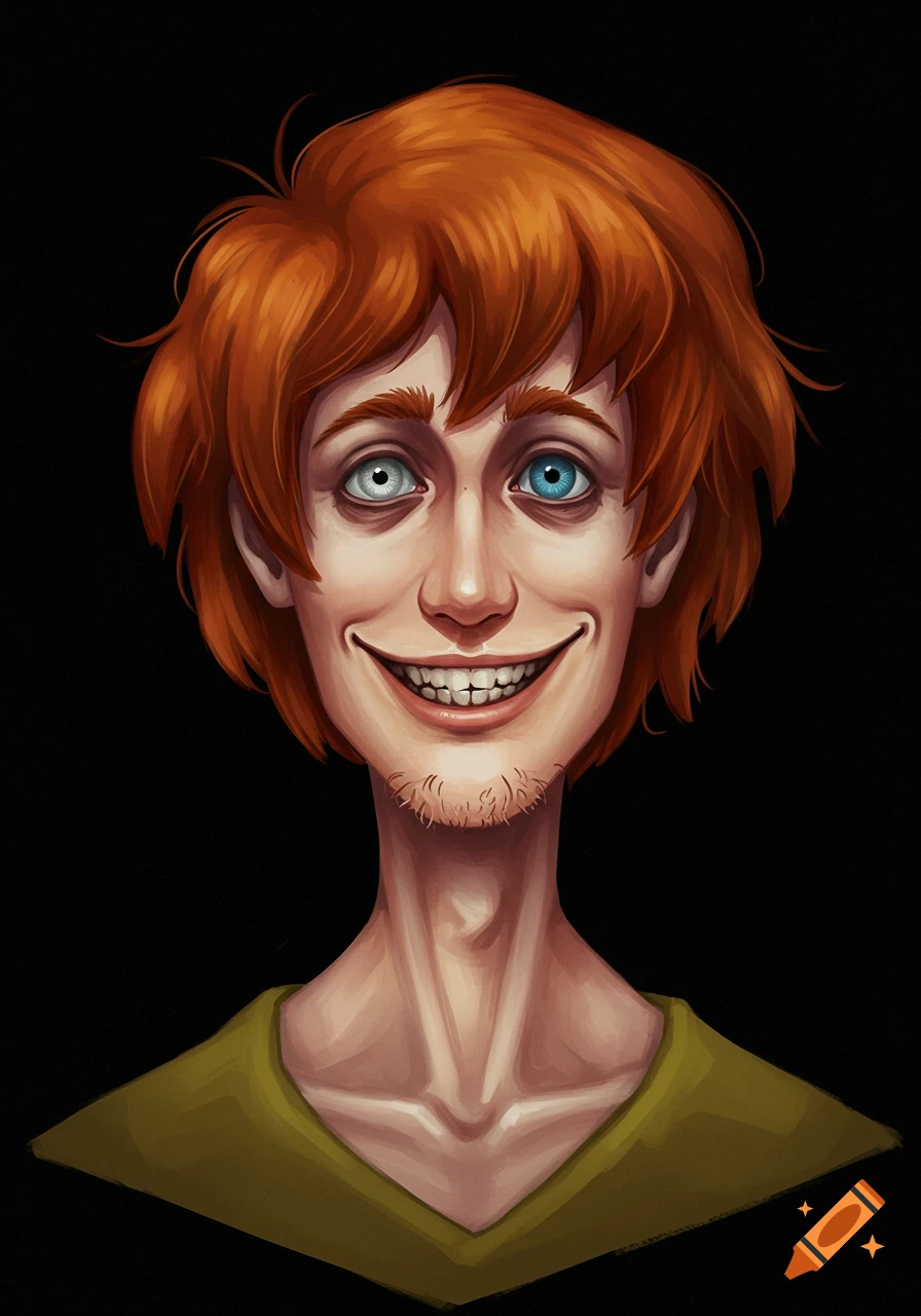 A digital art portrait of a red-haired man with heterochromia and a wide, unsettling smile on a black background.