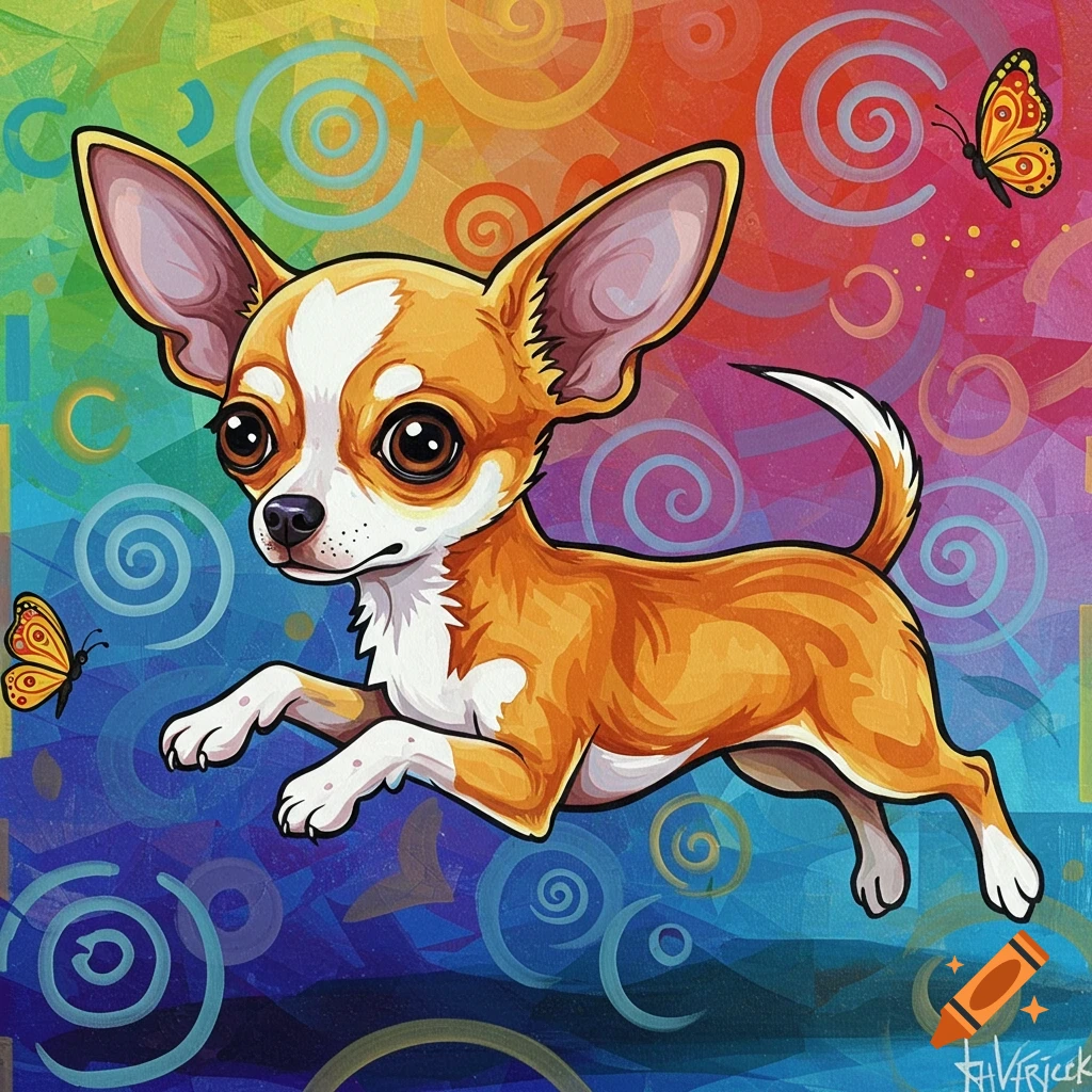 A vibrant, colorful painting of a running chihuahua puppy with large ears, set against a background of swirling abstract patterns and butterflies.
