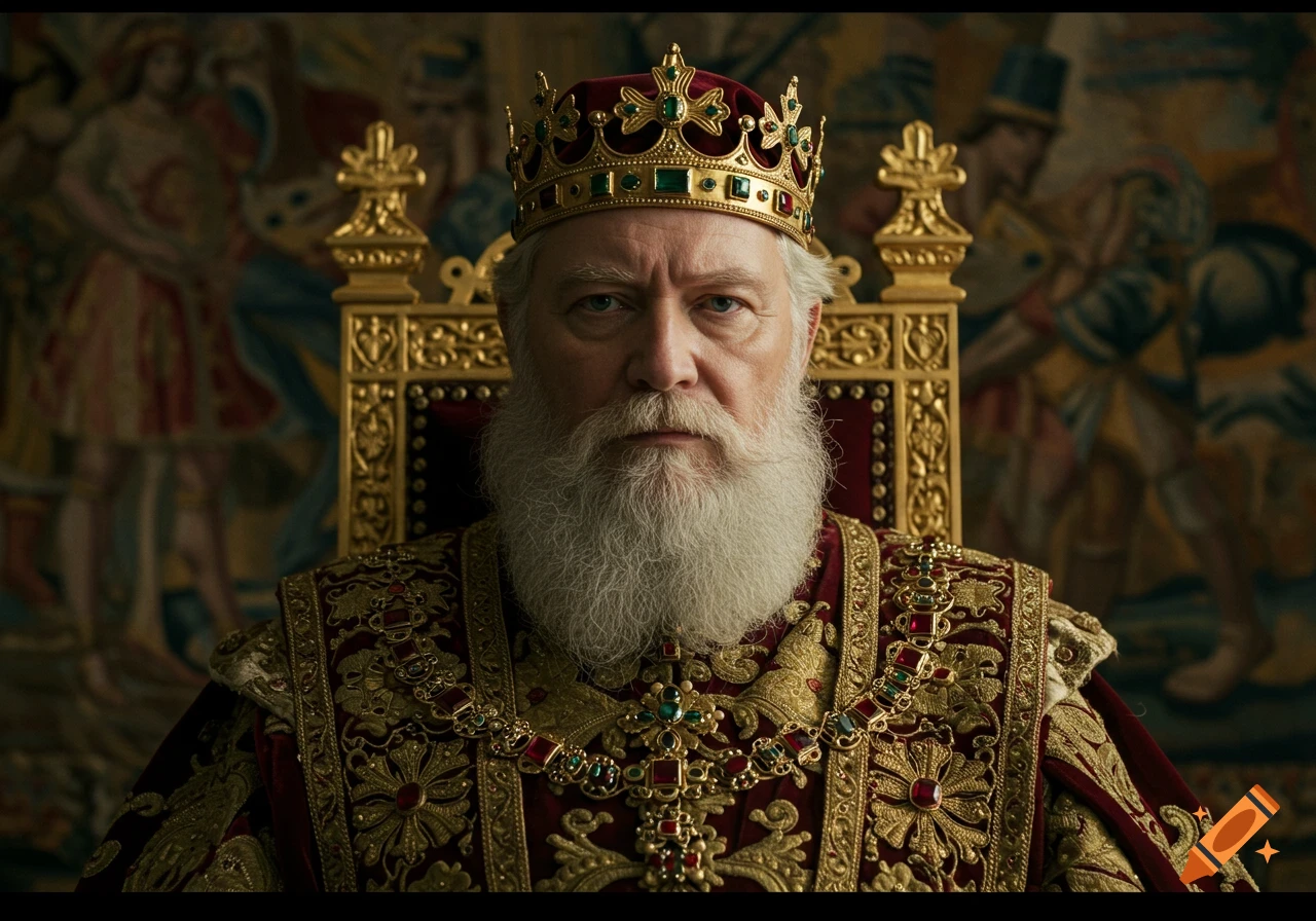 A close-up, photorealistic portrait of an old king with a white beard, wearing an elaborate gold and red crown and robes, sitting on a golden throne. A tapestry is in the background.