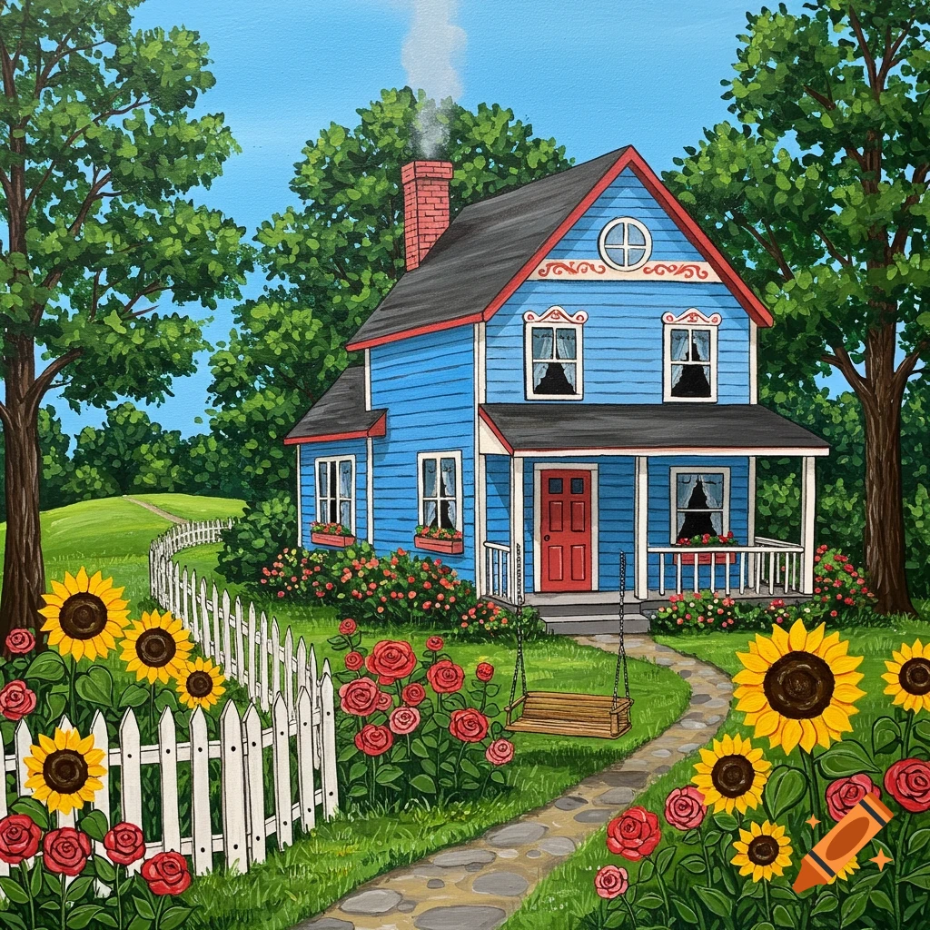A vibrant blue house with a red door, white picket fence, sunflowers, and roses in an American folk art style.