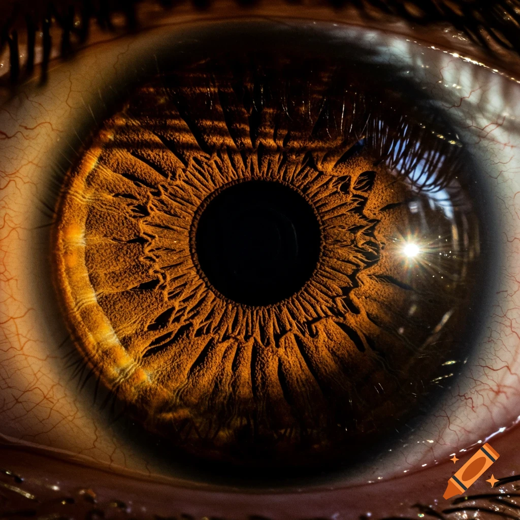 A highly detailed, extreme close-up of a brown human iris, showing intricate textures and golden reflections from sunlight.