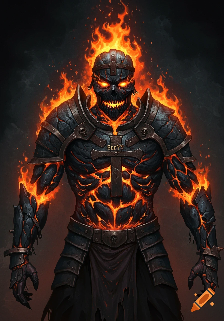 A fierce fantasy creature, a flaming knight made of cracked magma and embers, wearing dark armor with glowing eyes.