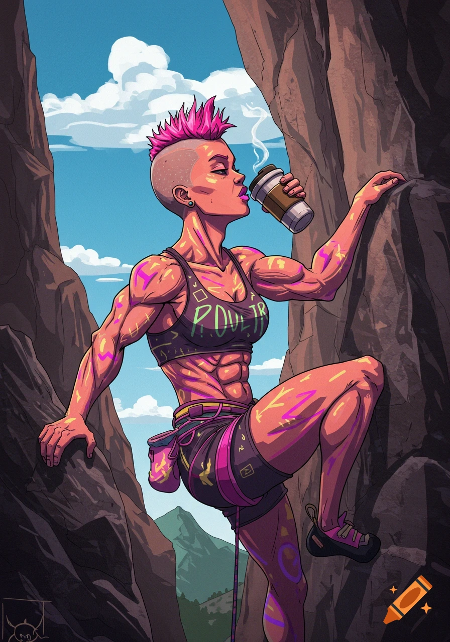 A muscular woman with pink mohawk hair rock climbs while drinking coffee, rendered in a vibrant comic book style.