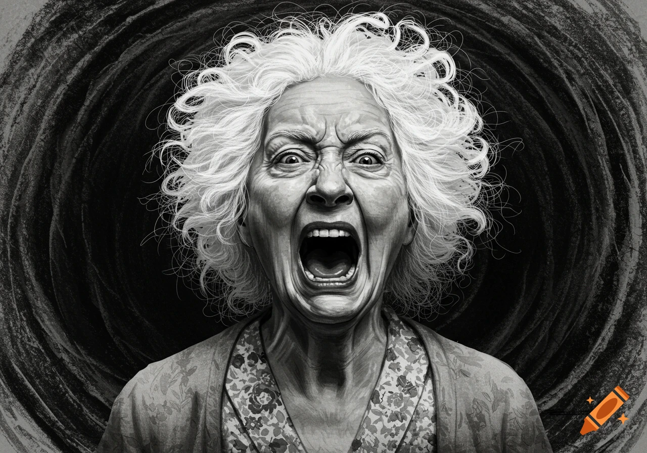 Black and white illustration of an old woman with white, wild hair screaming with her mouth wide open.