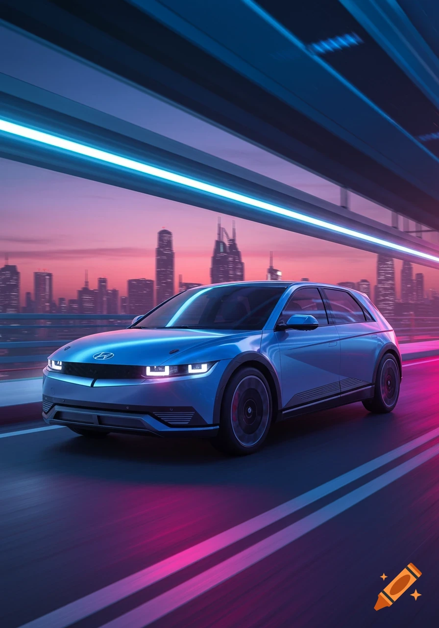 A blue futuristic car drives on a neon-lit highway at dusk with a city skyline in the background, in a synthwave style.