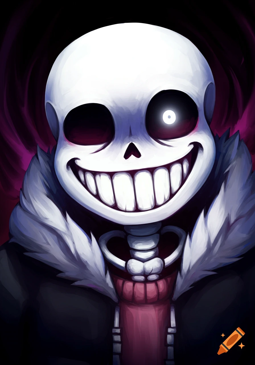 Stylized illustration of Sans the skeleton from Undertale with a wide grin and a glowing eye.