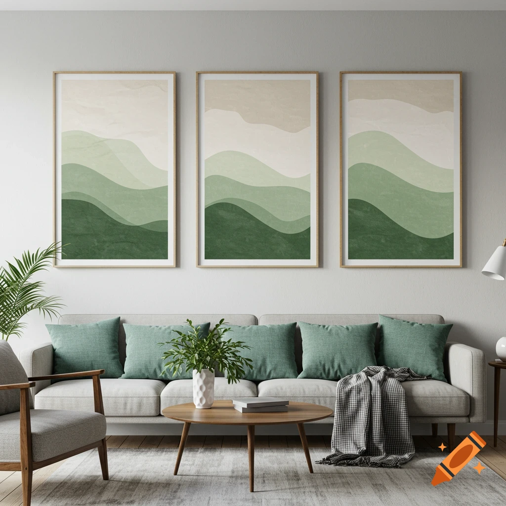A modern living room with a light grey sofa, green cushions, a wooden coffee table, and three large framed abstract green and beige wavy art prints on the wall.
