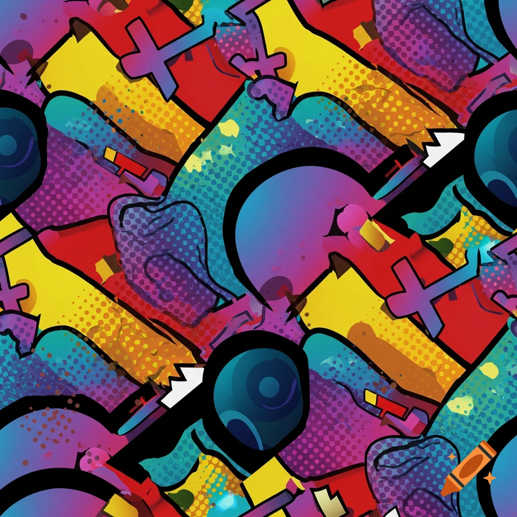 A vibrant abstract seamless pattern in 90s pop art style with bold colors and geometric shapes.