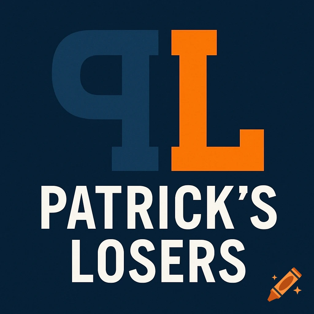 A navy blue backward capital P and an orange capital L above the white text 'PATRICK'S LOSERS' on a dark blue background.