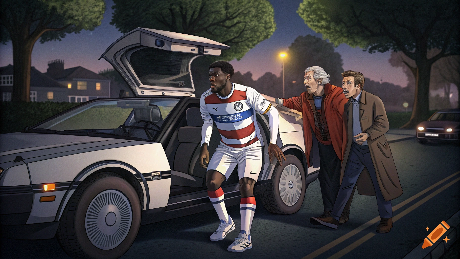 A soccer player emerges from a DeLorean time machine, while Doc Brown and Marty McFly look on with surprise, in an illustrated night scene.