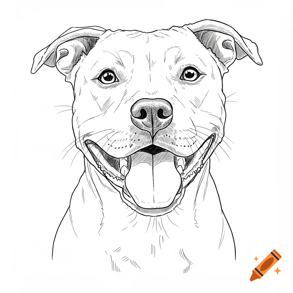 A smiling pit bull's head in a detailed black and white line art style.