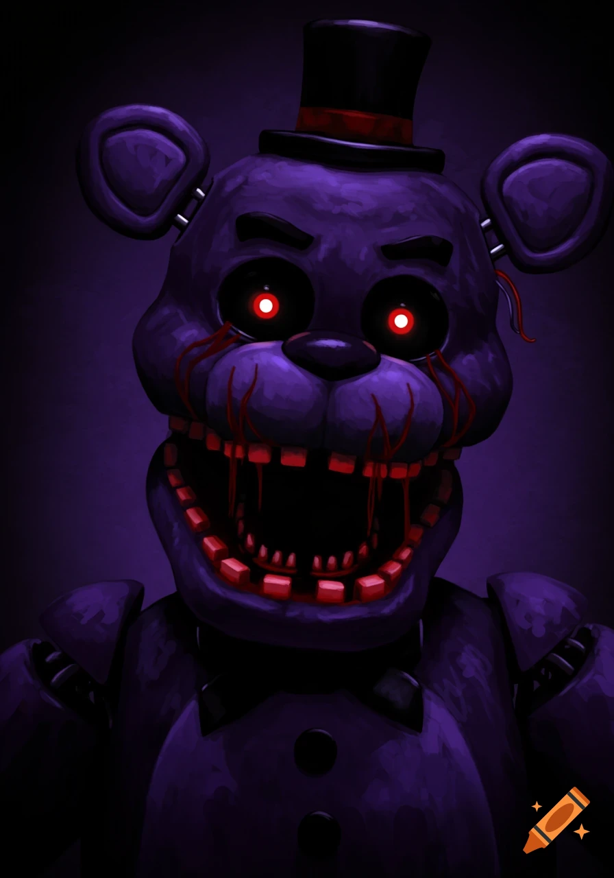 A dark purple animatronic bear with glowing red eyes and red streaks on its face, wearing a top hat.