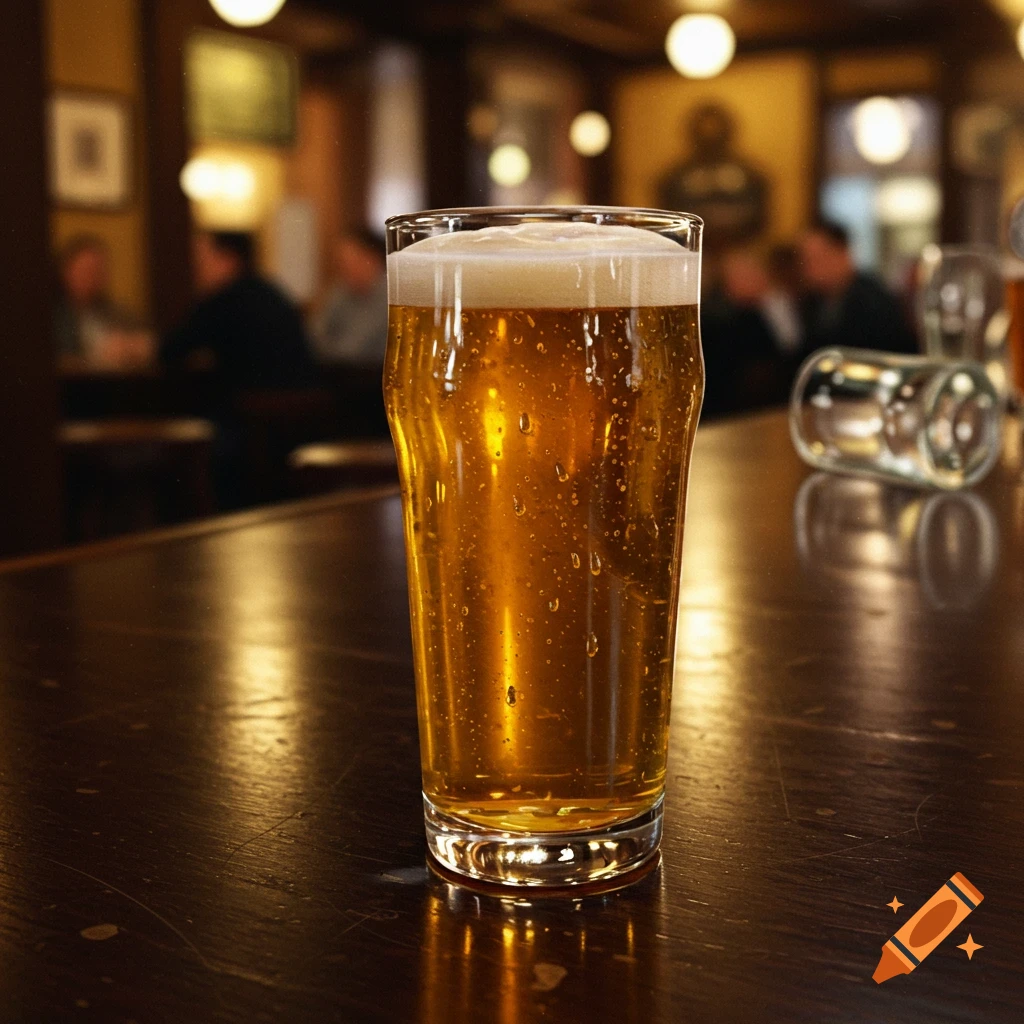 A close-up, photorealistic shot of a glass of beer with foam on a wooden pub bar, with blurry patrons in the background.