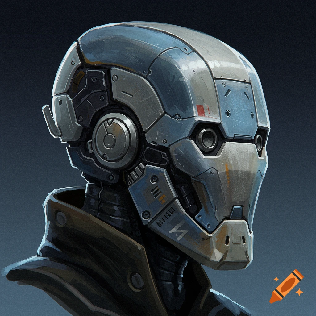 Close-up of a stylized, futuristic robot helmet in blue and grey metal, with intricate details and a worn appearance.