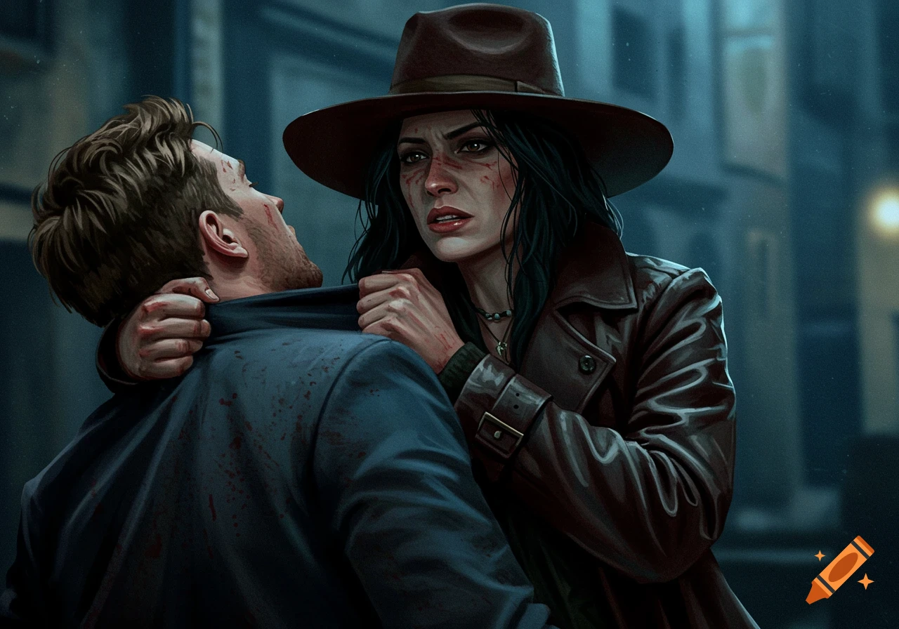 A woman in a long leather coat and hat holds a man by his collar, both with blood splatters, in a dark, rainy alley in a noir illustration style.