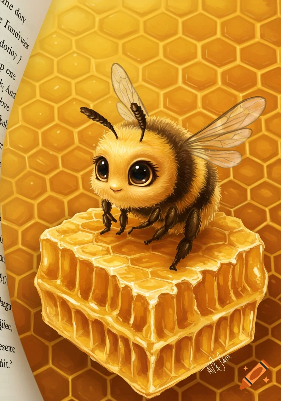 A cute, fluffy cartoon honeybee with big eyes sits on a honeycomb against a background of honeycombs and a book page.