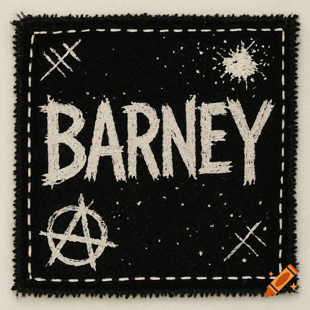 A black punk rock patch with the word BARNEY in white distressed letters, an anarchy symbol, and cross marks.