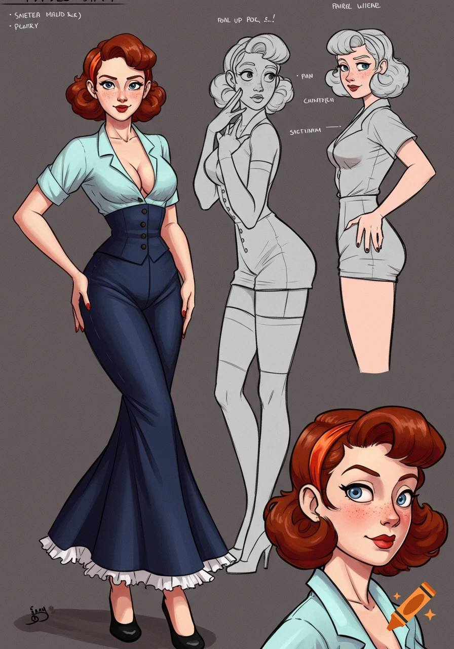 Cartoon pin-up woman character design sheet with full body, waist-up, and close-up views in different outfits and poses.