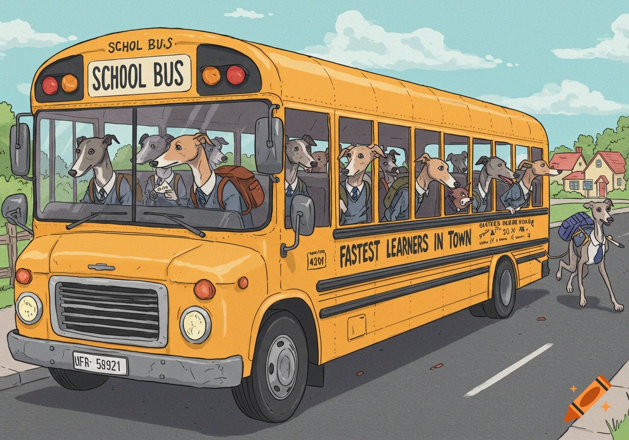 A cartoon illustration of greyhound dogs in school uniforms riding and running alongside a yellow school bus on a sunny day.