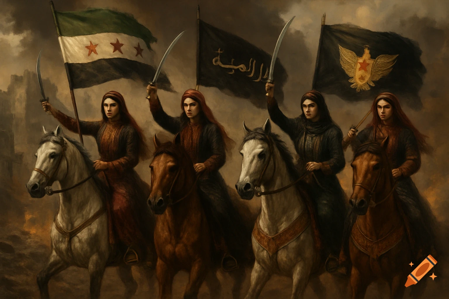 Four women with long hair in traditional Syrian attire ride horses, holding swords and flags. The flags include the Syrian Revolution flag, a black flag with golden Arabic script, and a black flag with a golden eagle emblem, set against a battlefield background.