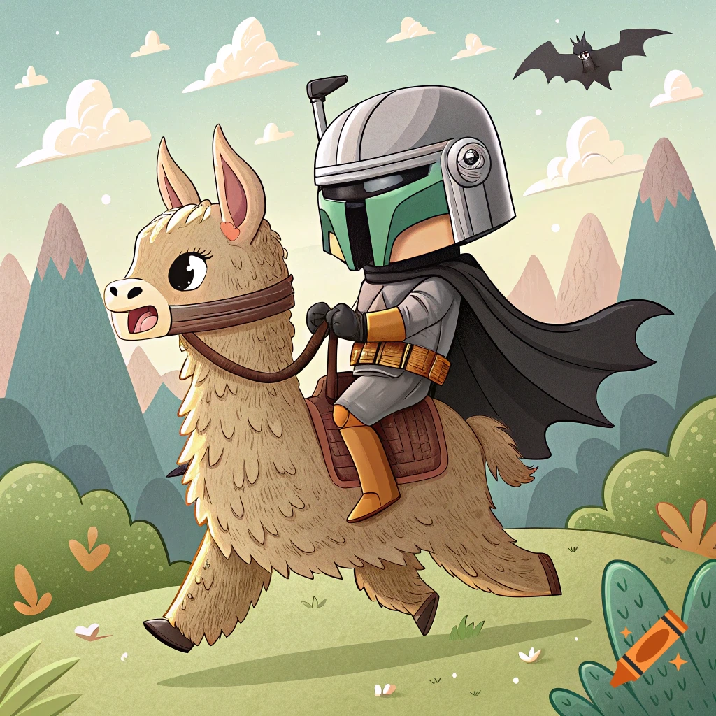 Cartoon Boba Fett on a llama in a green landscape, with a bat flying in the sky. Illustrated.